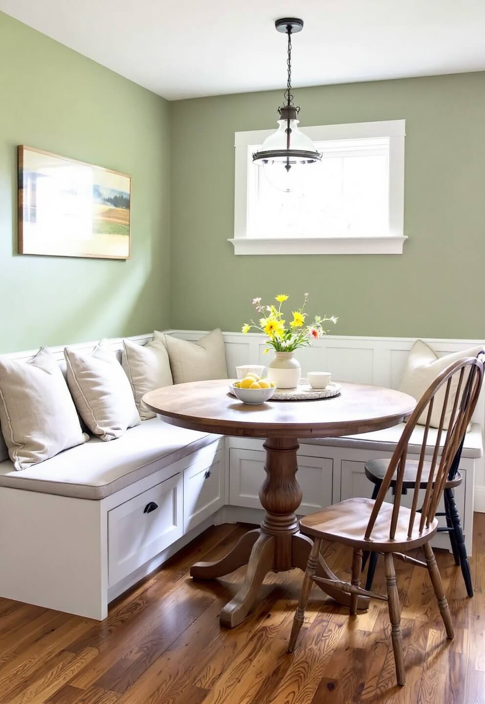 Cozy breakfast nook with sage green walls, built-in bench seating with storage drawers, lined with natural linen cushions and vintage grain-sack pillows, weathered oak pedestal table, vintage chairs, and glowing pendant light.