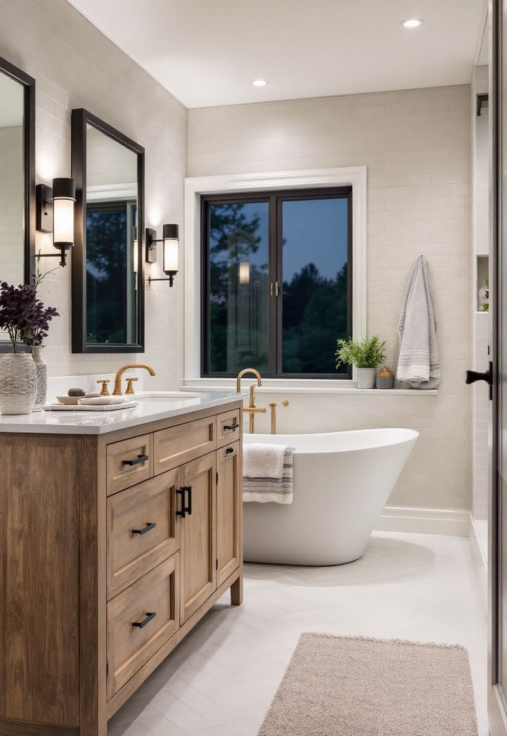 Luxurious master bathroom at twilight featuring a freestanding cast iron tub, modern bronze fixtures, white herringbone tile, weathered oak vanity with marble top, and industrial black framed mirror and sconces, accented with Turkish towels, stone accessories, and potted herbs