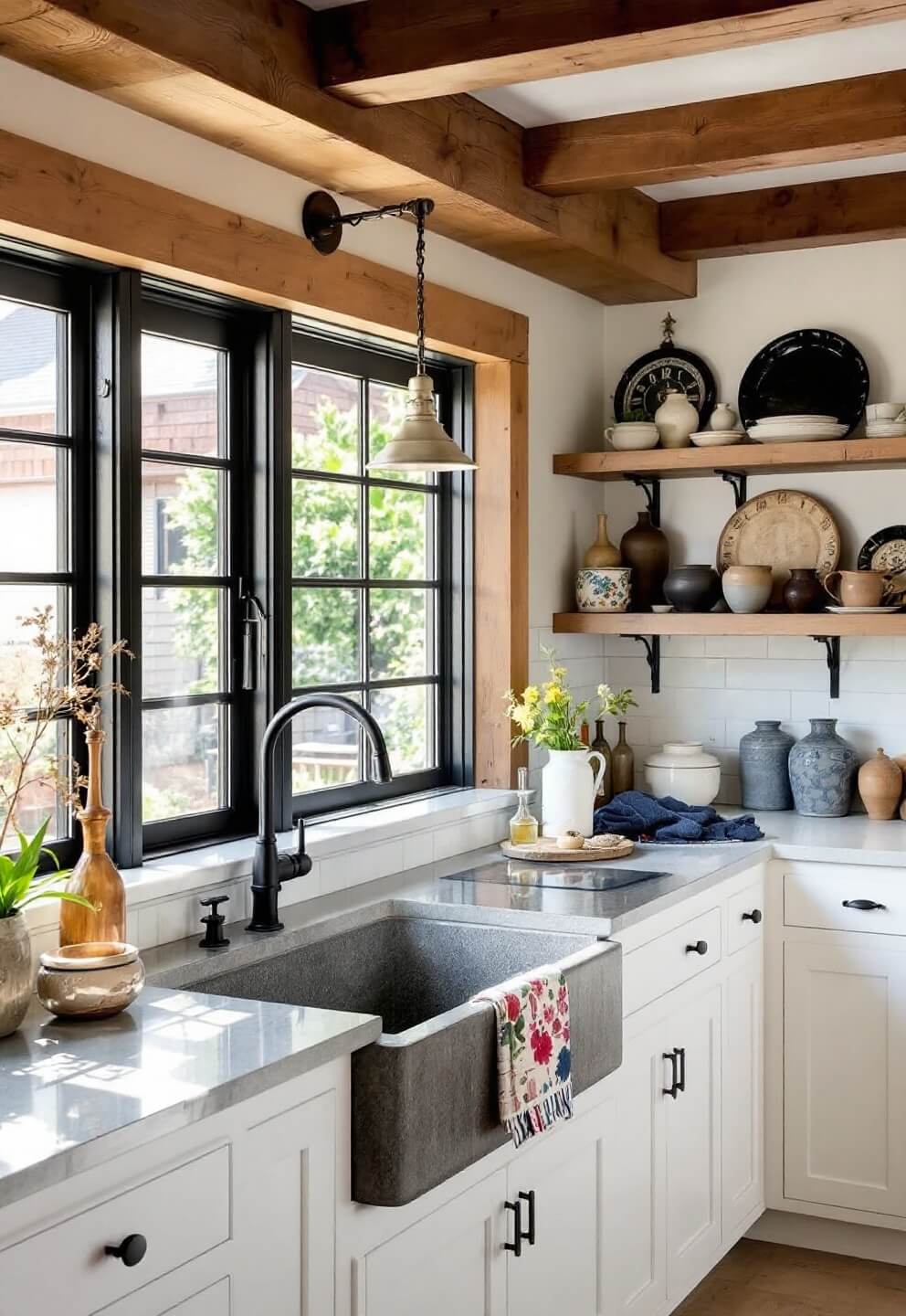 Bright and airy 18x22ft modern farmhouse kitchen with exposed wooden beams, white cabinetry, black steel windows, stone sink, and vintage pottery collection in morning light.