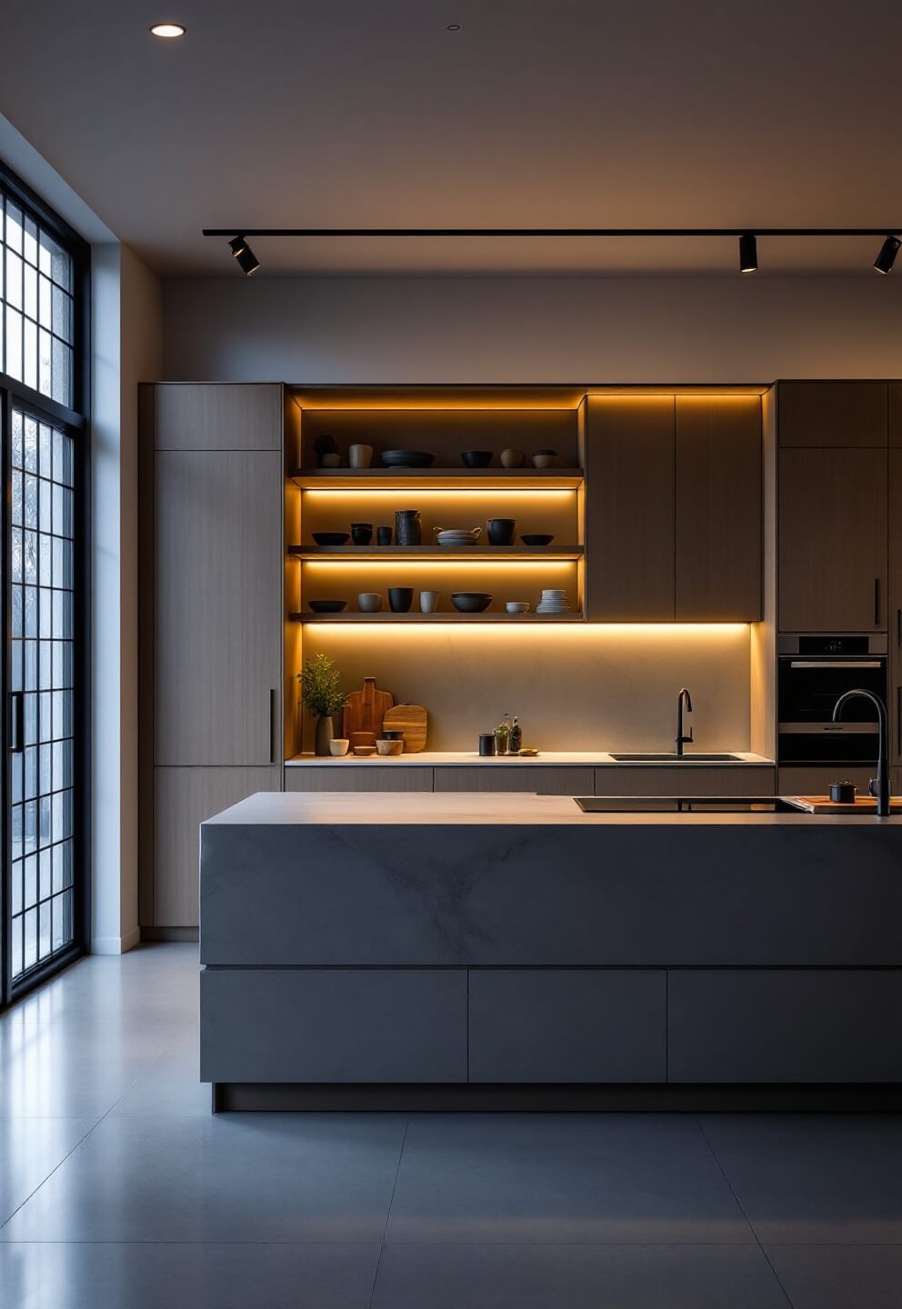 Sophisticated metropolitan kitchen with greyed oak cabinets, backlit ceramic displays, concrete island with waterfall edge, and dramatic evening lighting highlighting bold architectural features.