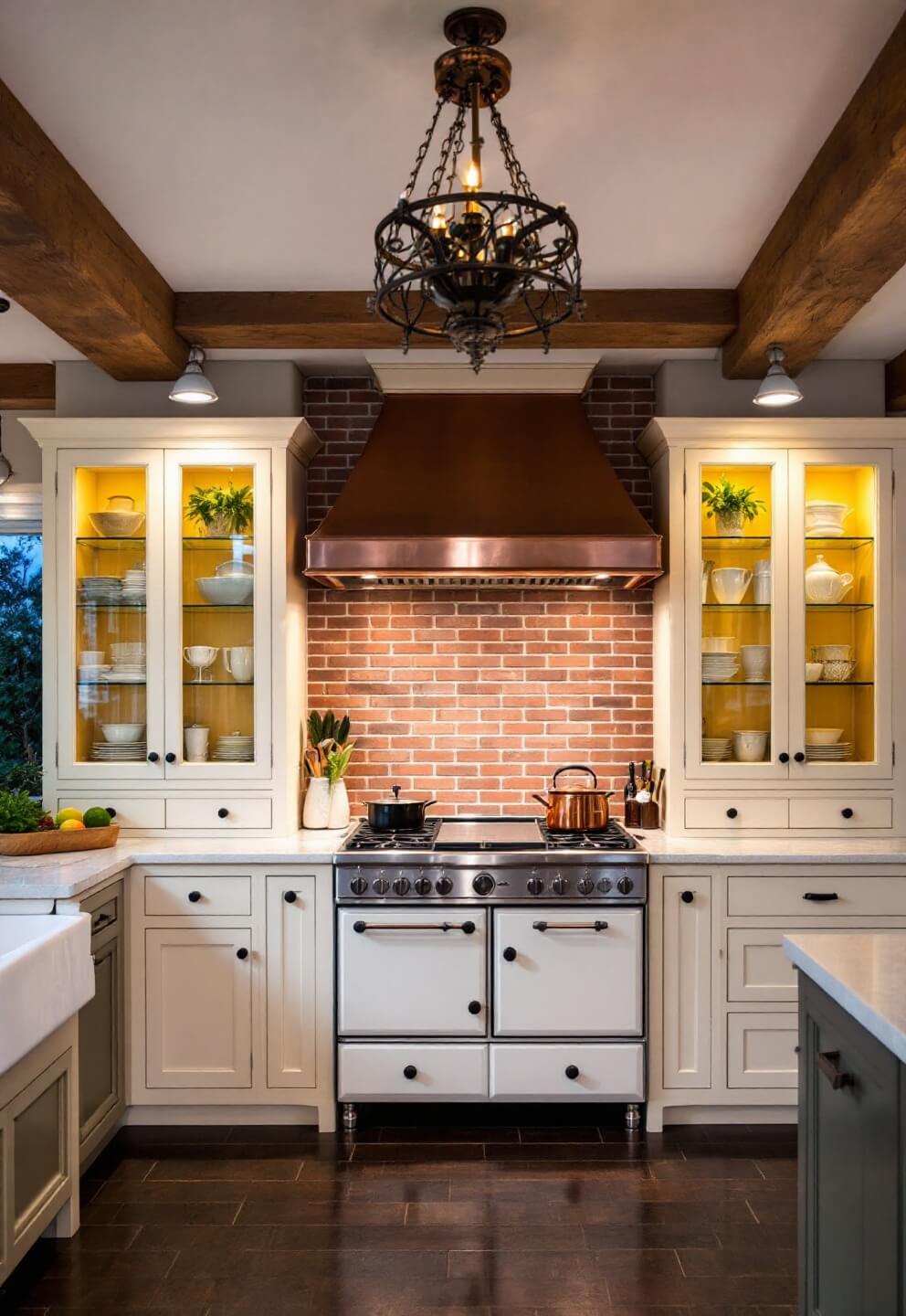 Dramatic dusk view of a country kitchen featuring a white range in a brick alcove, cream cabinets displaying serving pieces, copper hood, soapstone counters, and drying herbs on wooden beams, illuminated by warm sconce lighting.