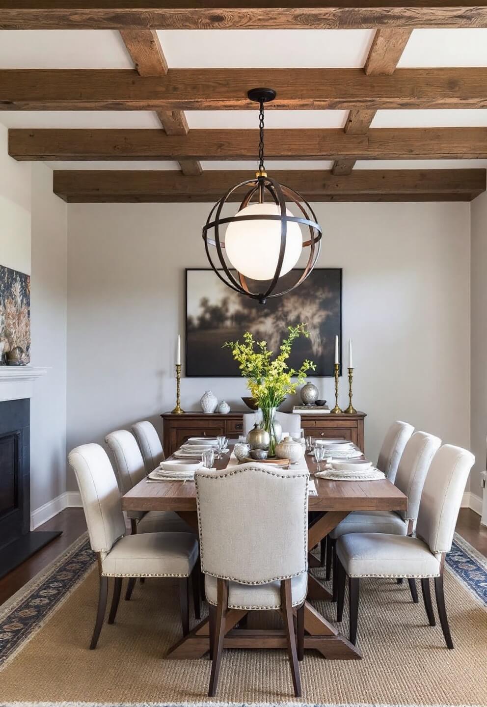 Rustic dining room bathed in evening light with a reclaimed beam ceiling, eight-seater farmhouse table, modern blackened brass chandelier, vintage sideboard, and a mix of upholstered and metal bistro chairs, decorated with brass candlesticks, linen table settings, and vintage rugs.