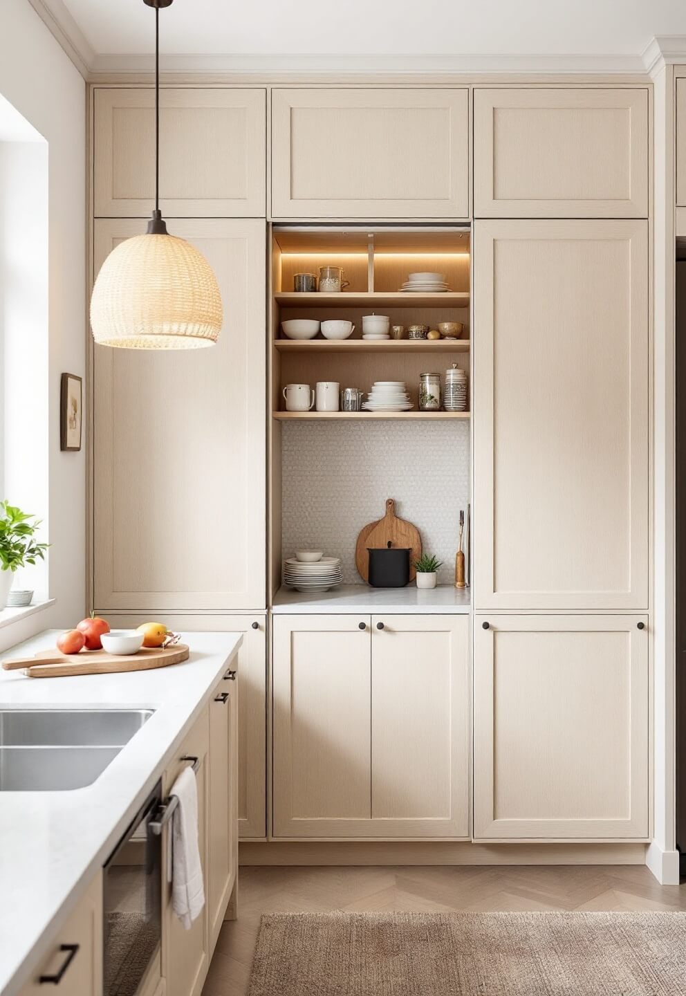 Efficient, calm studio kitchen with diffused daylight, featuring hidden storage solutions in pale wood, concealed appliances behind sliding pocket doors, handmade tile backsplash, and textured woven pendant light. Close-up shots of organizational elements and material details captured with macro lens.