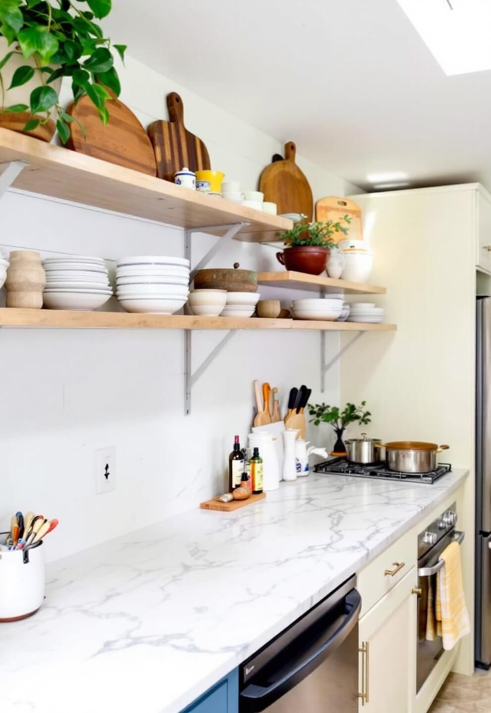 Midday shot of a well-organized kitchen prep area with a hoosier cabinet, modern appliances, white marble counters, shiplap walls, open shelving with vintage cutting boards and earthenware bowls, lit by a skylight.