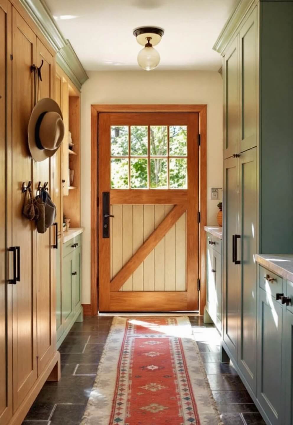 Wide-angle shot of a country kitchen's mudroom with sage green cabinets, oak lockers, vintage runner on slate flooring, and assorted items on copper hooks, bathed in sunlight from a dutch door.