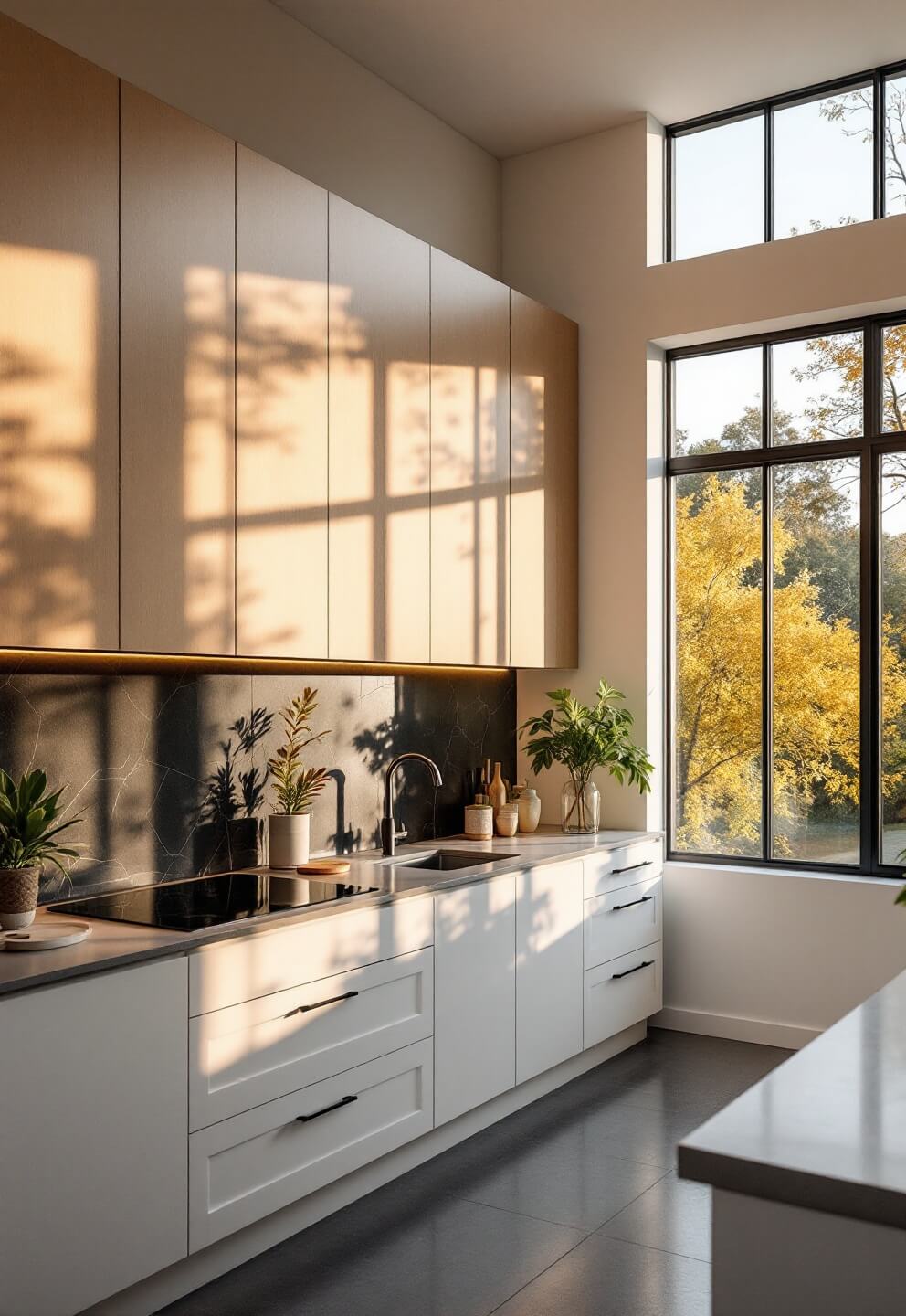 Bleached oak cabinets and black stone backsplash in a spacious 20x24ft statement kitchen with double-height windows during golden hour, featuring indoor plants and dramatic natural rim lighting.