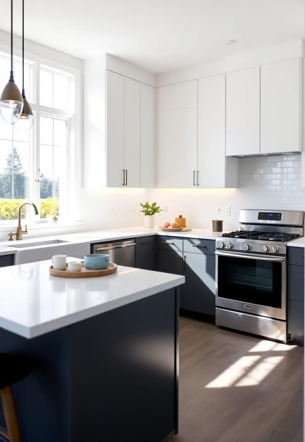 Bright, minimalist modern kitchen with floor-to-ceiling windows, white and matte charcoal cabinets, quartz waterfall island, stainless steel appliances, and warm gray porcelain flooring.