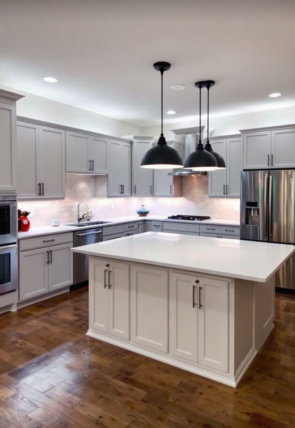 Dusk kitchen scene showcasing under-cabinet LED lighting against greige cabinets, a cloud white waterfall quartz island, and three suspended black pendant lights, with a pull-out pantry system partially visible. Shot is taken at eye level across the island with additional ambient illumination from recessed spots.