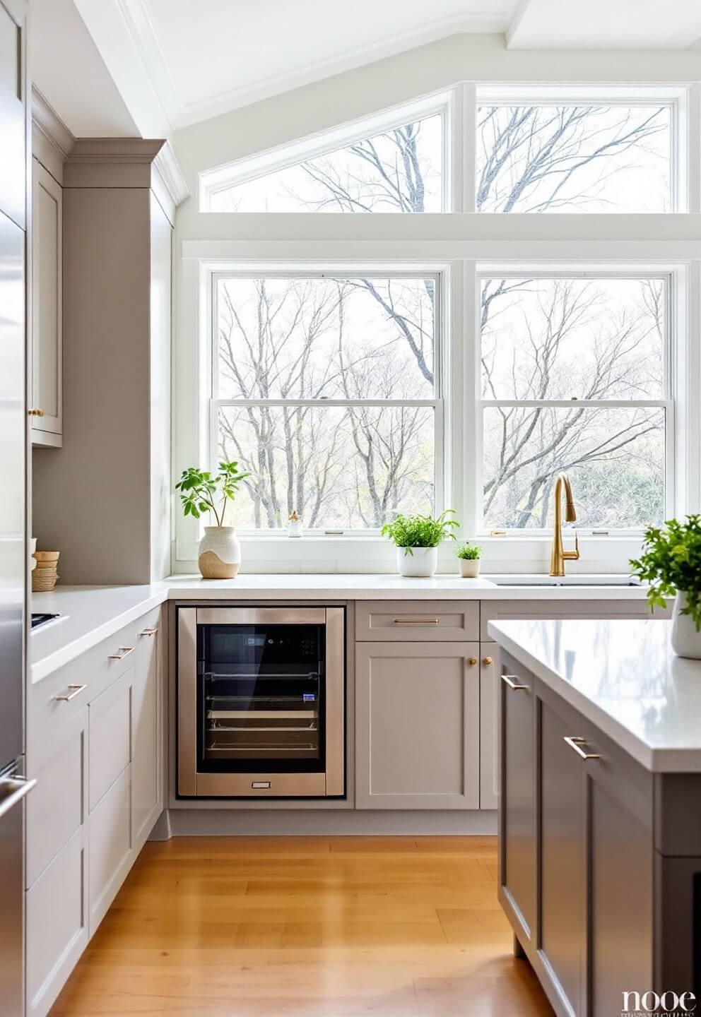 Sunlit kitchen with matte taupe cabinets, floor-to-ceiling windows, stainless steel appliances, an island with hidden charging station, and a minimal herb garden in the window sill.