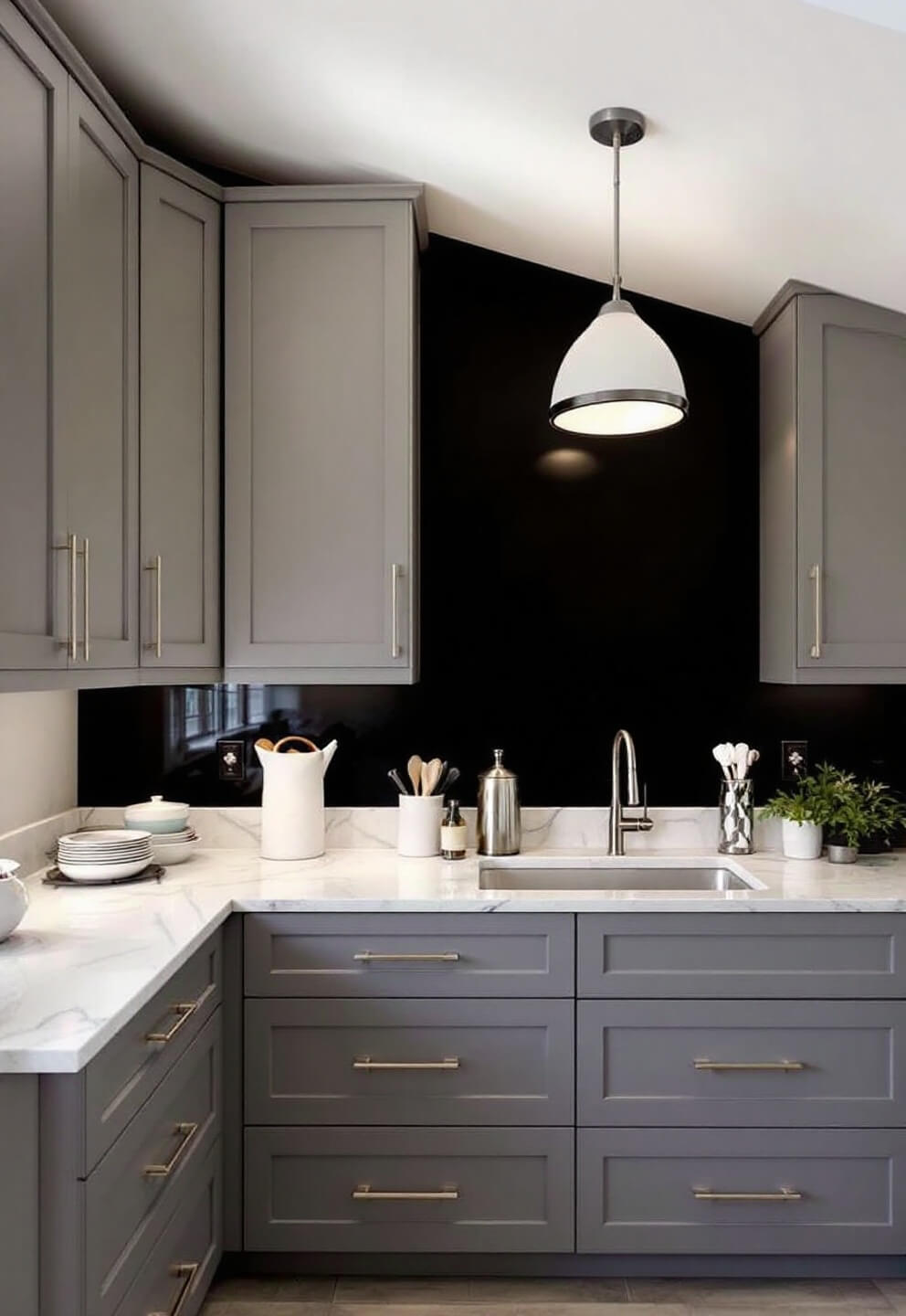 Overhead view of a minimalistic 13' x 17' kitchen with warm gray cabinets, black accent wall, quartz backsplash extending to ceiling, practical deep drawers instead of lower cabinets, a single pendant illuminating the prep area, and strategic task lighting highlighting workspaces.