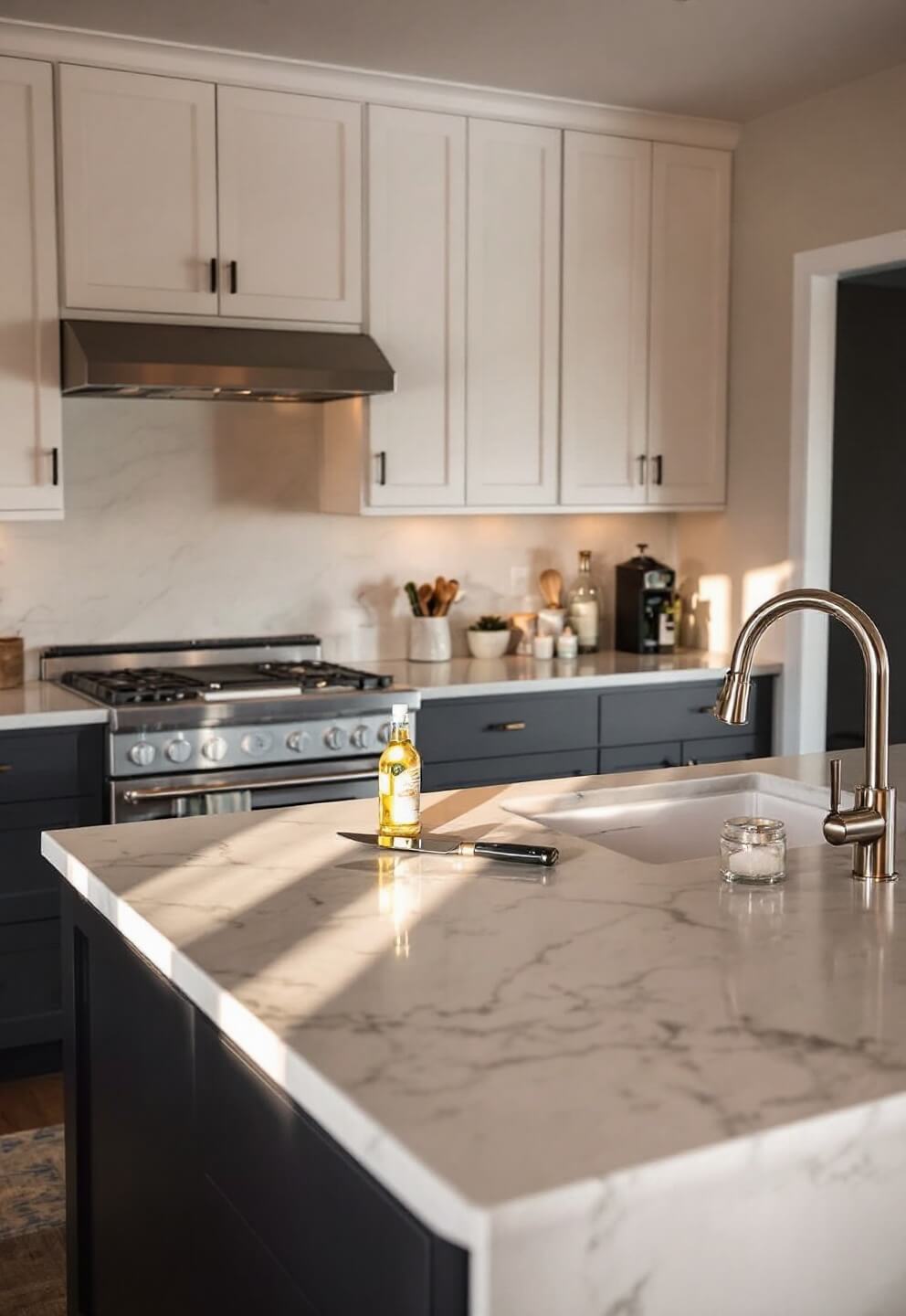 Spacious contemporary kitchen at golden hour with white and charcoal cabinets, a honed quartz waterfall island, essential cooking items, and subtly glowing LED strips.