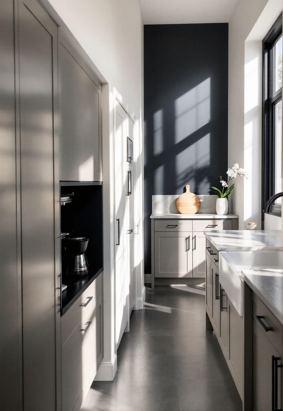 Bright morning light illuminating a spacious 14' x 16' kitchen with large industrial windows, greige cabinetry with black hardware, a dedicated coffee station in a matte black alcove, and a seamless porcelain tile floor. Minimal decorations include a single orchid, wooden board, and ceramic vase.