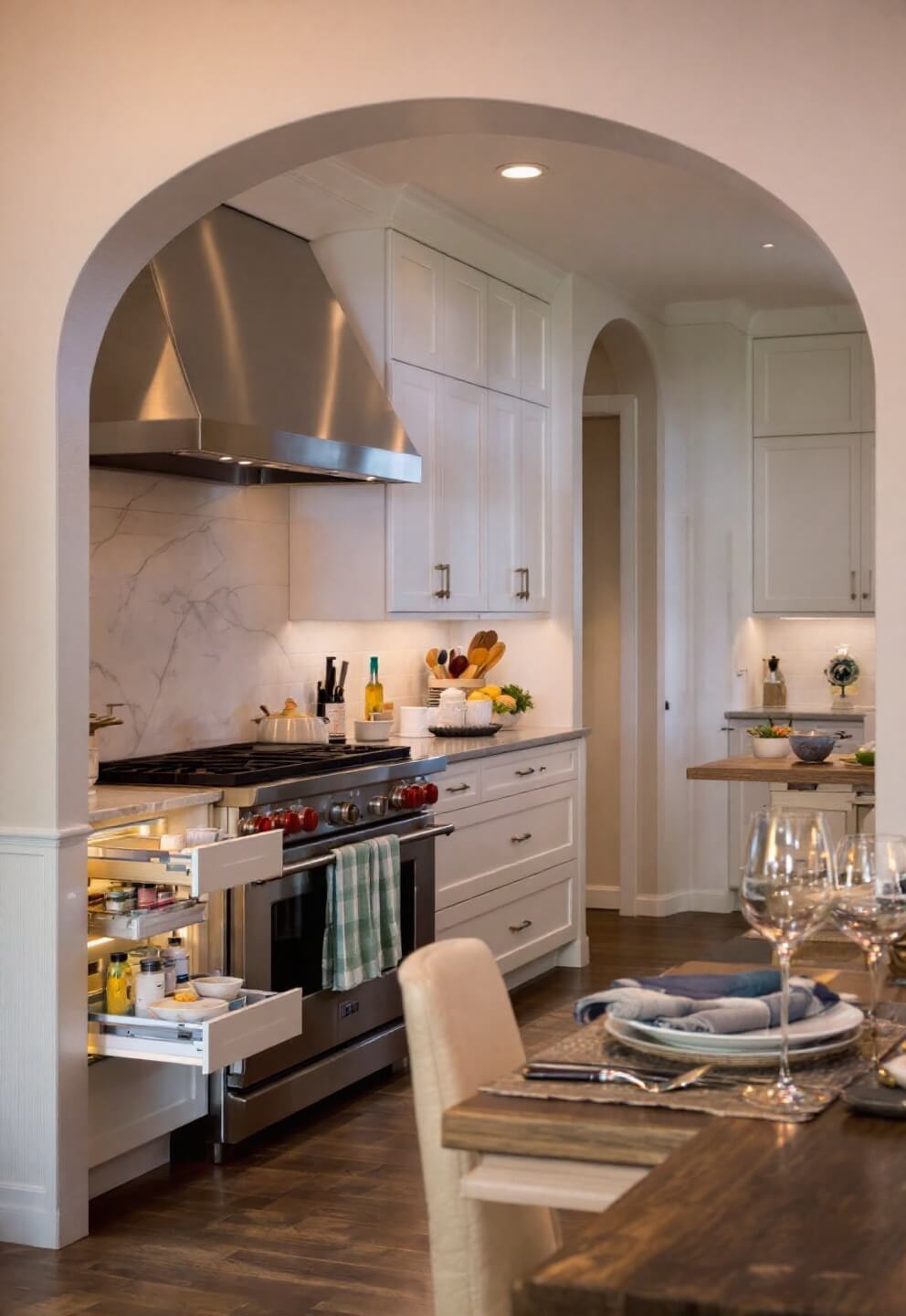 Twilight kitchen scene showcasing warm LED lighting on white cabinets, pull-out spice storage next to the professional range, and a textured honed marble backsplash, all captured from a low angle to emphasize architectural features, with soft task lighting adding to the intimate atmosphere.