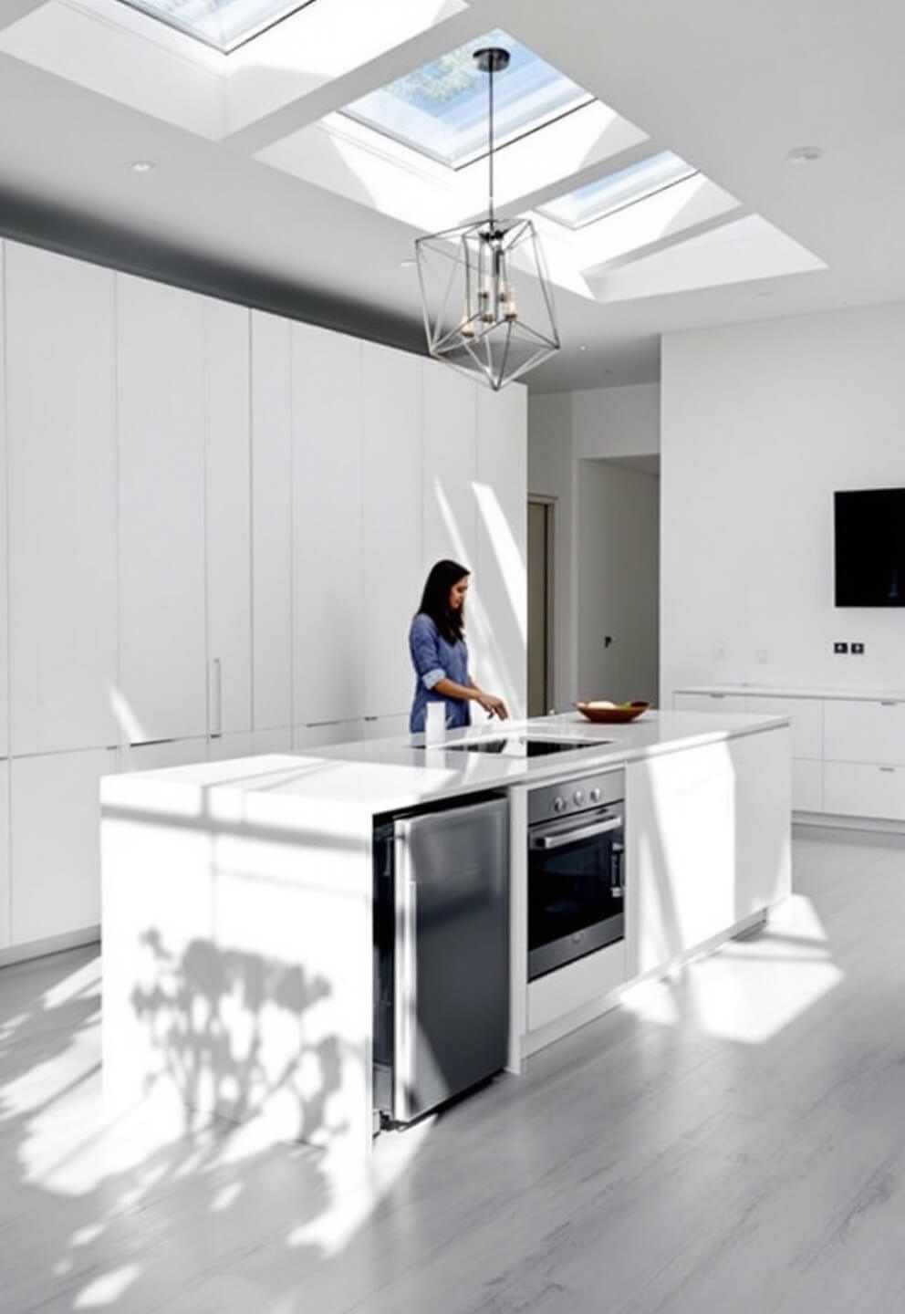 Minimalist kitchen with skylights, floor-to-ceiling white storage wall, central island with sink and seats, hidden appliances, and a geometric pendant light casting shadows.