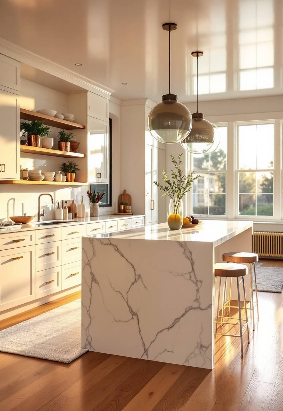 Large modern kitchen with sunlight streaming through floor-to-ceiling windows, highlighting the marble island, high-gloss cream cabinets, and oak flooring. Minimalistic decor includes artisanal ceramics and fresh herbs in copper planters.