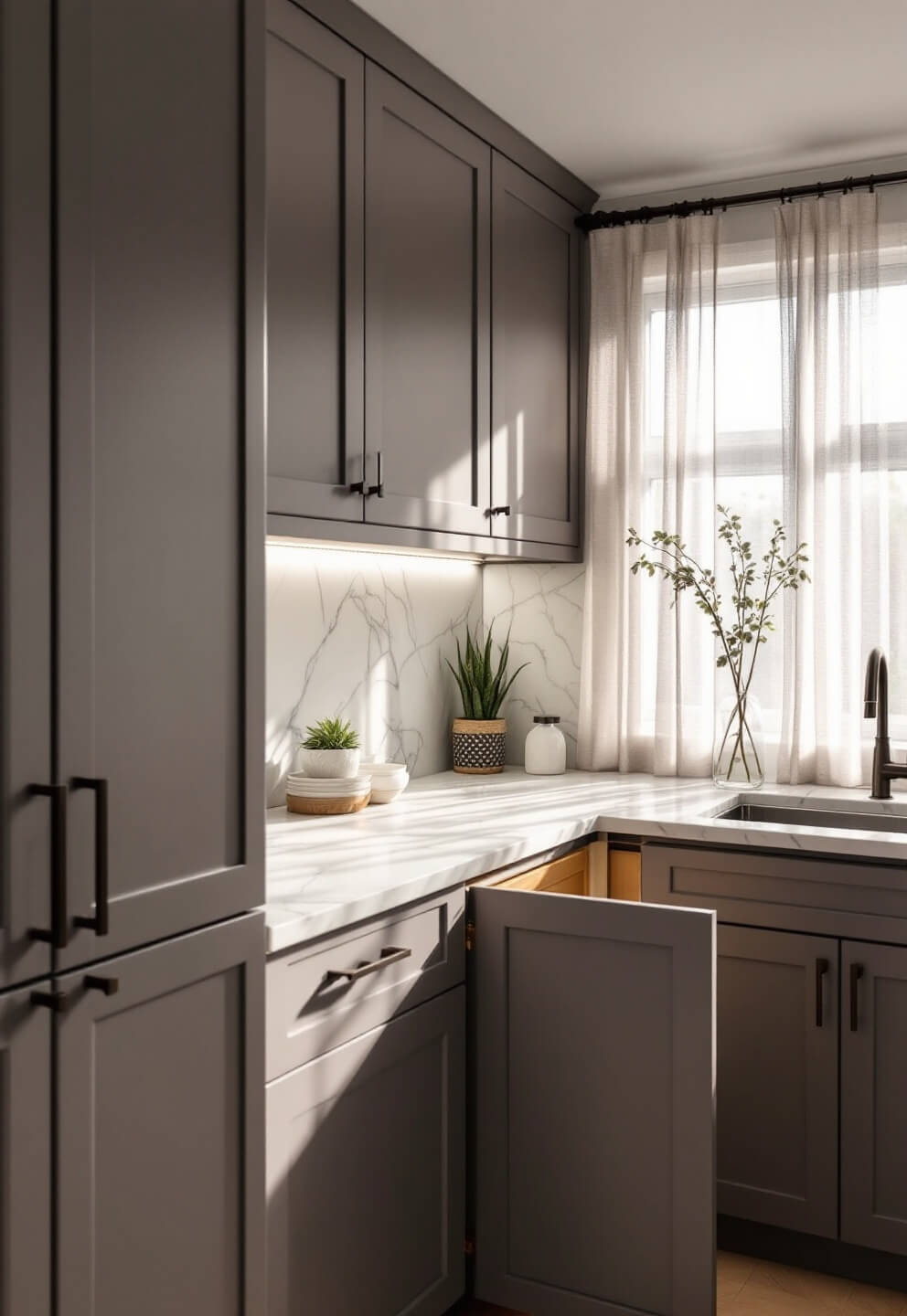 Late morning light illuminating intimate kitchen nook complete with floor-to-ceiling custom handleless cabinetry in dove gray and dramatic quartz backsplash, featuring a pull-out pantry.