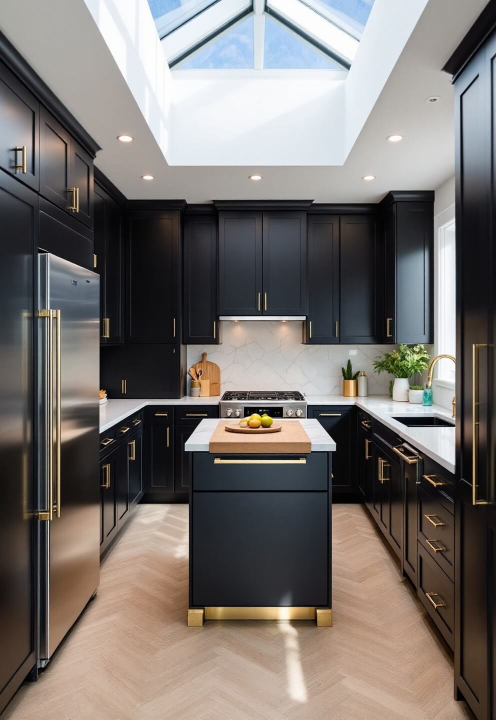 Professional-grade kitchen with architectural skylight, matte black cabinetry, brushed gold hardware, integrated wooden cutting board and marble prep island in afternoon light.