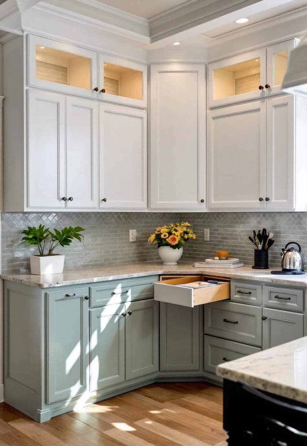 Early morning light highlighting sage green lower cabinets and white upper cabinets in a spacious 18x20ft corner kitchen, featuring a coffered ceiling, warm recessed lighting, and a herringbone patterned ceramic backsplash; corner cabinet with pull-out mechanism in focus, viewed from dining area.