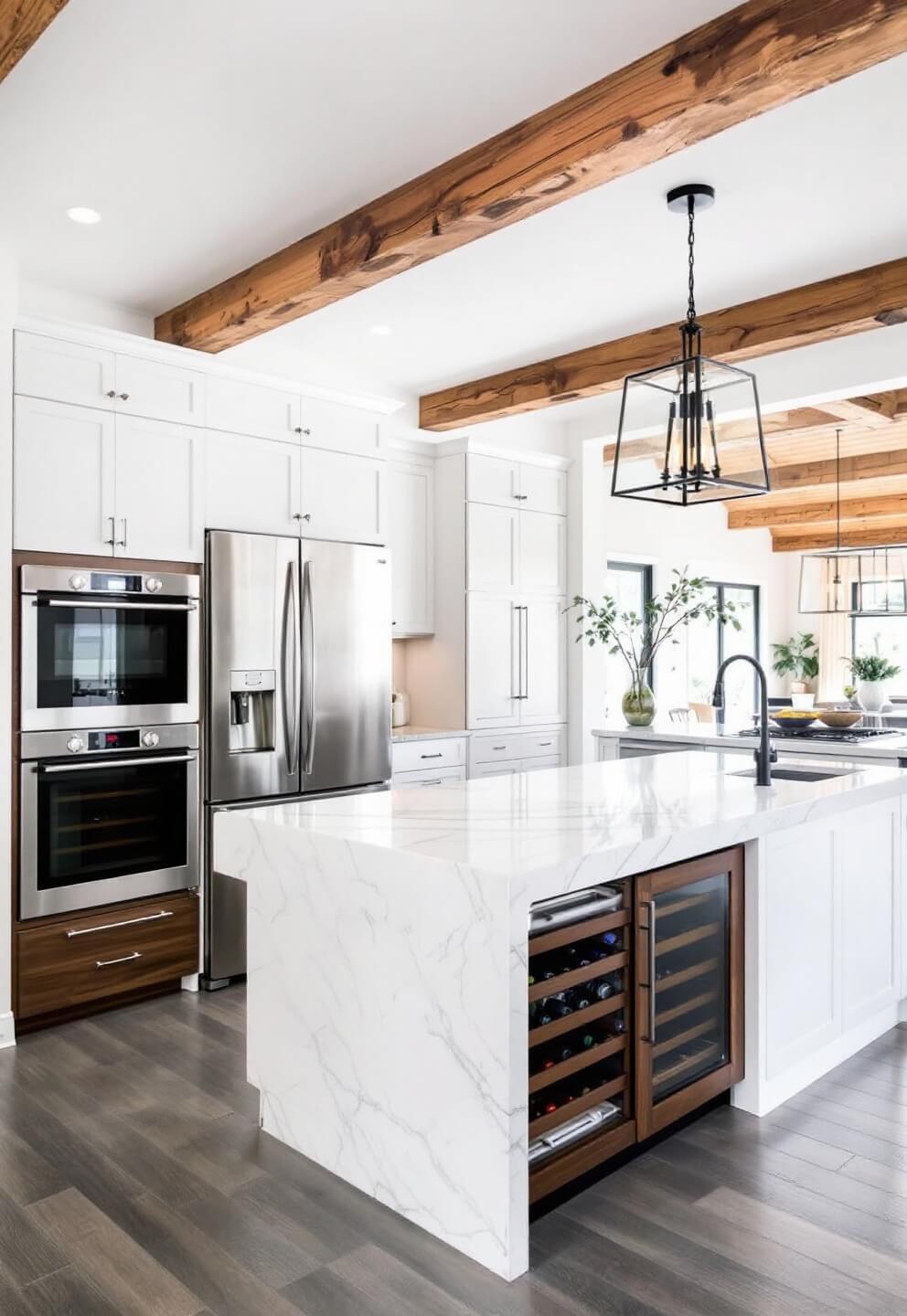 Open concept kitchen with exposed wooden beams, two-tone cabinetry, waterfall quartz island with wine storage, and butler's pantry, lit by mid-morning light and pendant lighting, viewed from the dining area.