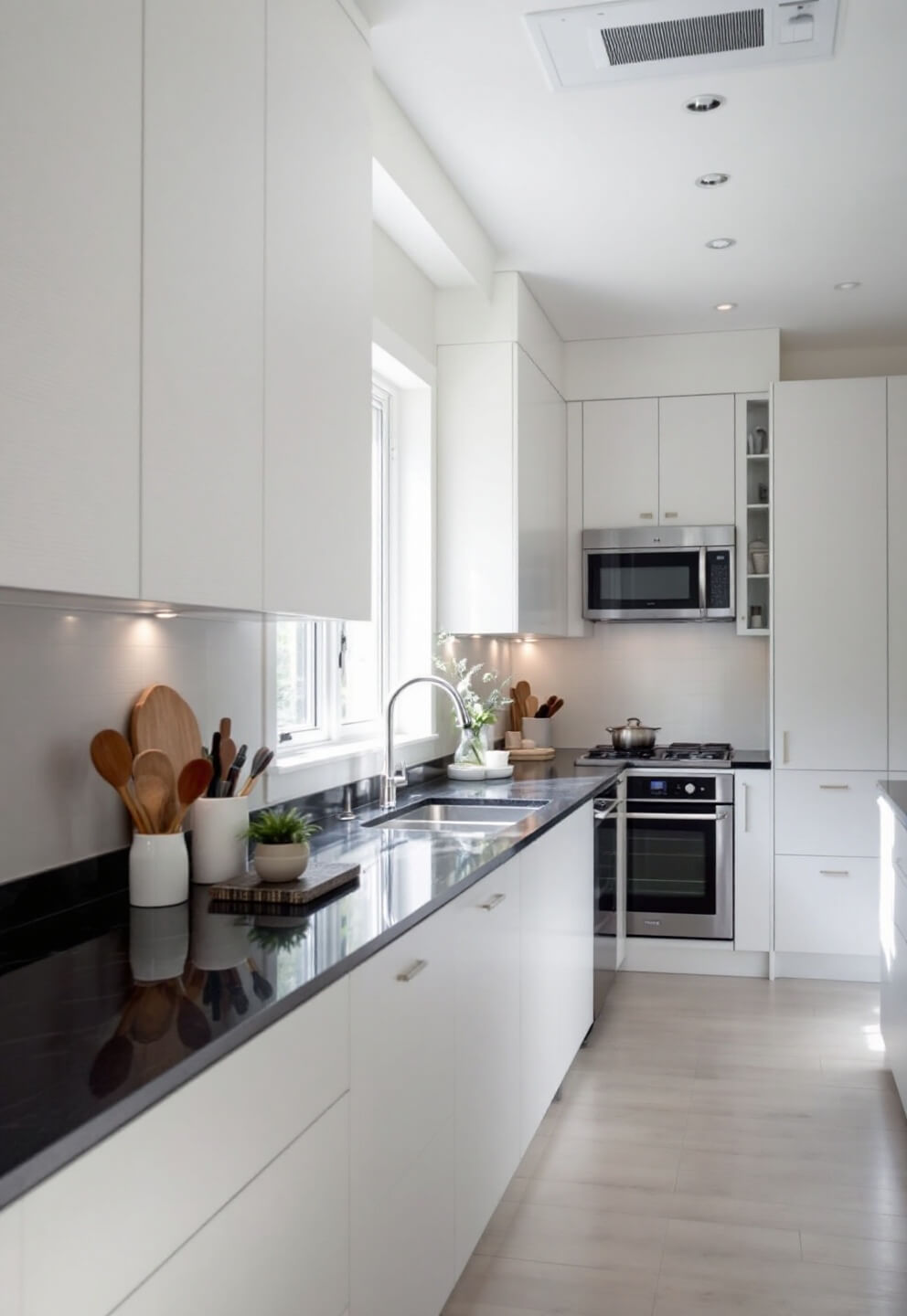 Minimalist kitchen featuring handleless white cabinets, black granite countertops, hidden storage solutions, and a window wall illuminated by bright midday light, captured from a low angle to emphasize ceiling height.