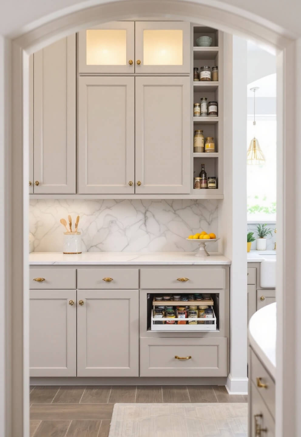 Transitional kitchen with greige cabinetry, marble mosaic backsplash, and custom spice storage, softly lit by afternoon and accent lighting, viewed through archway entrance