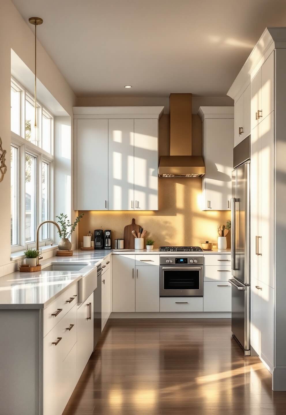 Dramatic overhead view of a contemporary 22x28ft kitchen with double-height windows bathed in golden hour backlighting, featuring white lacquer cabinets with integrated handles, bronzed mirror backsplash panels, and automated storage systems