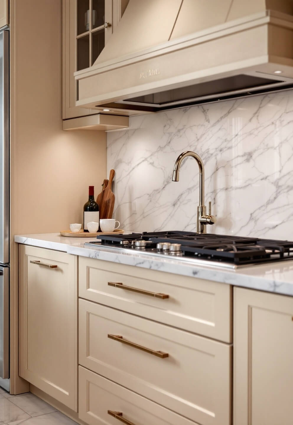 Luxury 24x32ft kitchen with skybridge connection, champagne-colored cabinets with leather pulls, book-matched marble backsplash, and hidden refrigerator under strategic spotlighting with diffused evening light. Detail shots taken at f/1.8 for shallow depth of field.