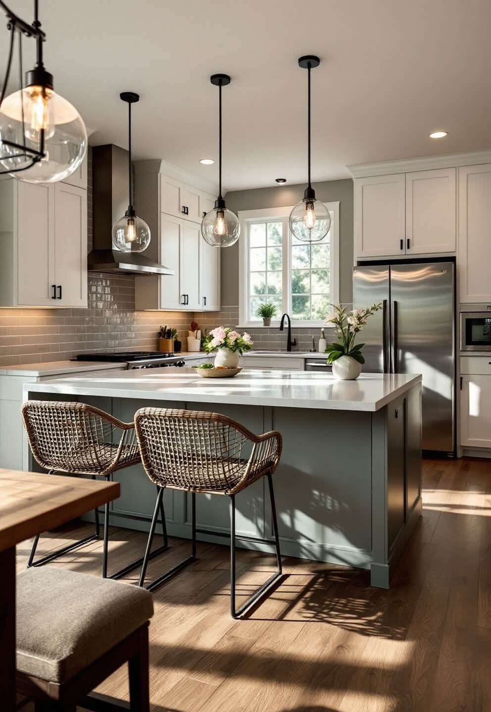 Sunlit modern chef's kitchen with white shaker cabinets, central quartz island, stainless appliances and warm oak flooring, viewed from the dining area