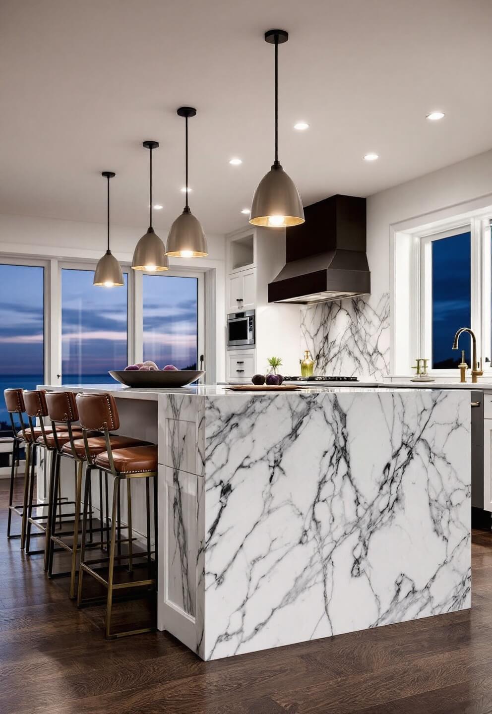 Dusk view of an 8' kitchen island with waterfall edges, integrated electrical outlets and microwave drawer, accompanied by four leather-and-brass barstools and moody pendant lighting.