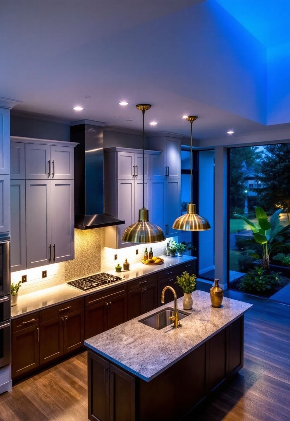 Overhead view of layered kitchen lighting design at twilight featuring under-cabinet LEDs, dimmable recessed lights, and brass pendants over island.