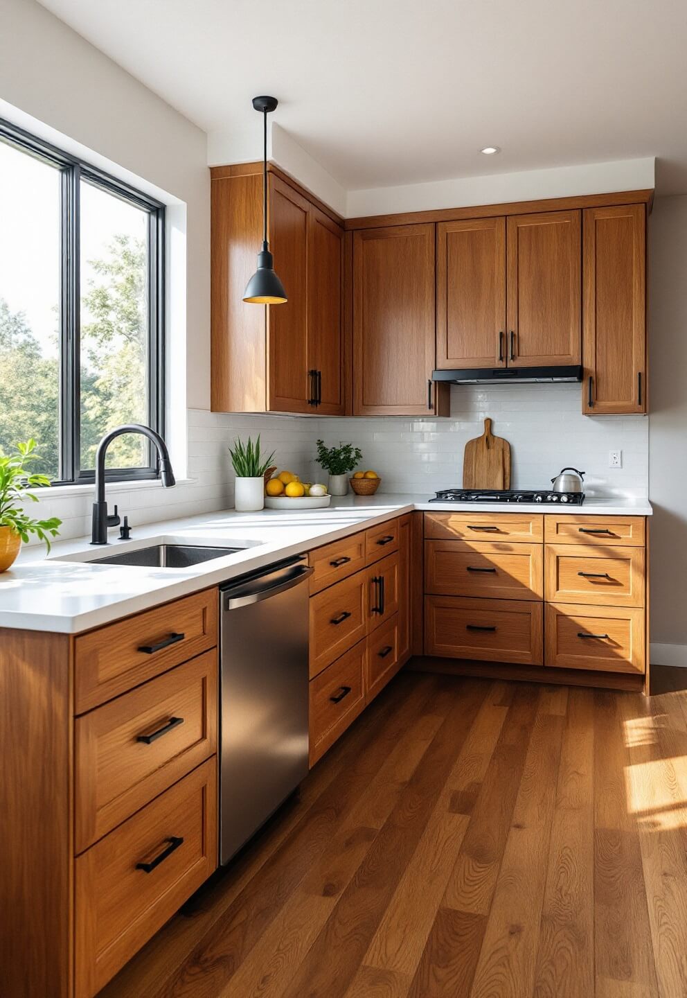 Modern Shaker-style kitchen with hickory cabinets, white quartz waterfall island, and pendant lighting, bathed in warm late morning sunlight