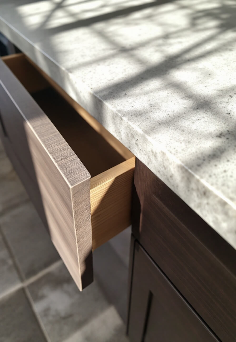 Morning close-up of quartz countertop, porcelain tile floor, and cabinet base with sunlight highlighting quartz veining and slightly ajar soft-close drawer