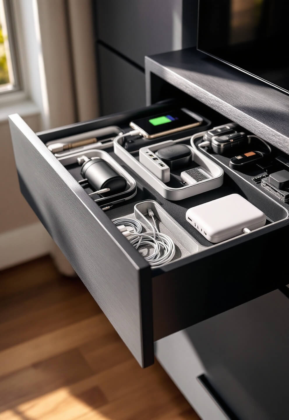 Close-up of tech-integrated storage drawer with charging electronics, built-in USB ports and cable management system, illuminated by morning light from a window, showcasing modern matte hardware details.