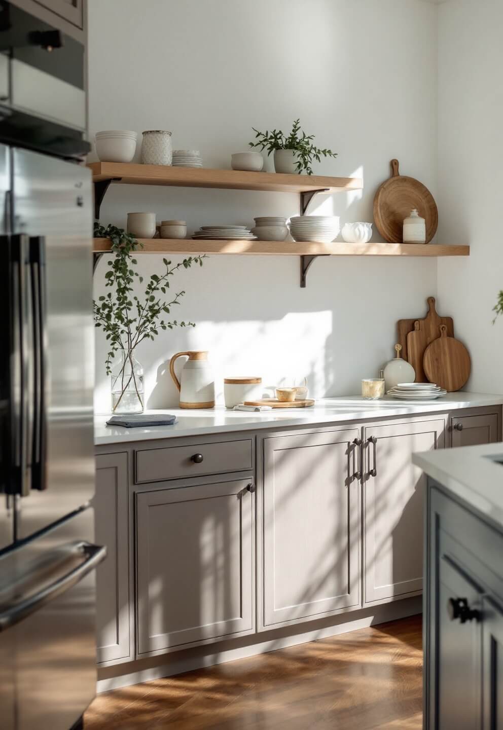 Medium shot of budget-style kitchen with stock cabinets, luxury vinyl plank flooring, engineered quartz countertops, and minimal open shelving styled with artisanal ceramics in soft afternoon light.