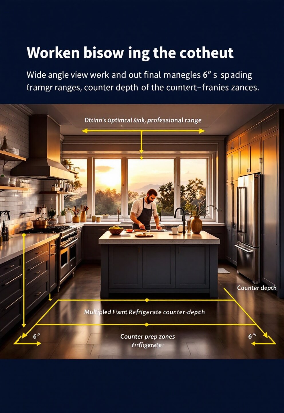 Chef cooking in optimal kitchen layout during golden hour, demonstrating working triangle functionality with 6' spacing between sink, professional range and refrigerator.