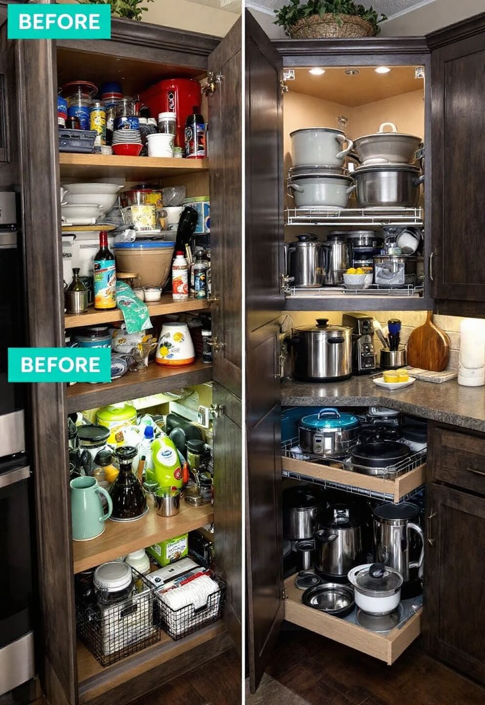 Before and after comparison of a cluttered corner cabinet transformed into a neatly organized pull-out system with cookware and appliances, illuminated by LED lights for efficient space use, captured at a maximum detail of f/8.