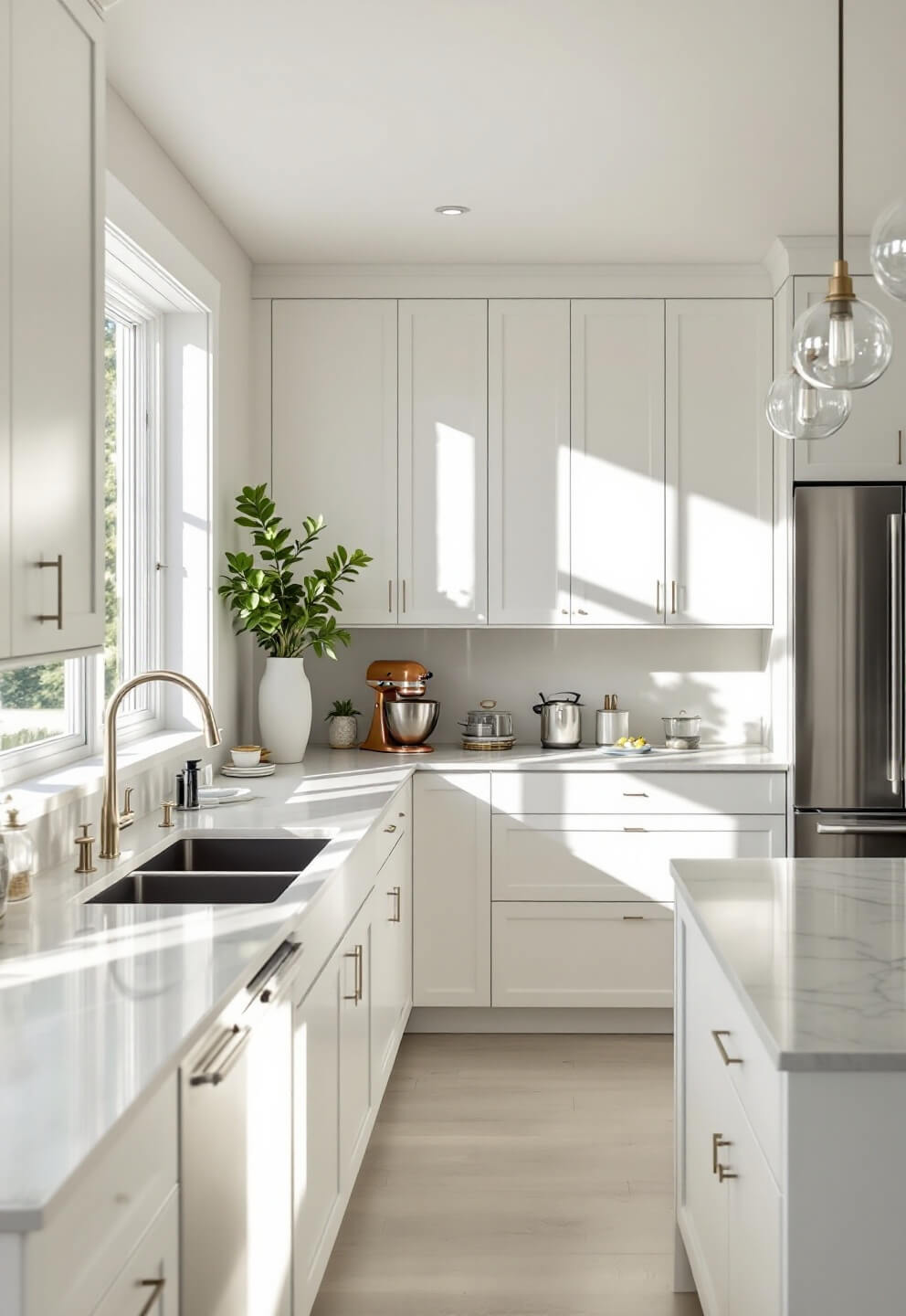 Minimalist kitchen with morning light, white cabinets, quartz countertops, professional-grade appliances, and marble island