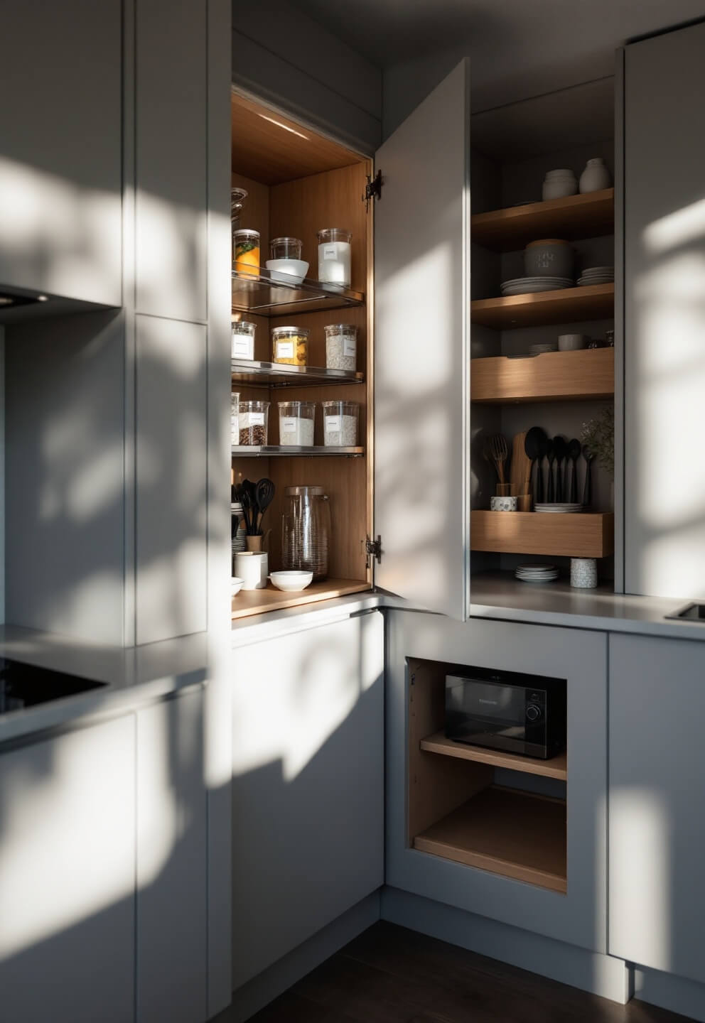 Minimalist kitchen corner with innovative storage solutions, featuring a pull-out pantry in warm gray, natural bamboo drawer dividers, hidden appliances, and organized clear containers with white labels, photo taken in soft afternoon light.