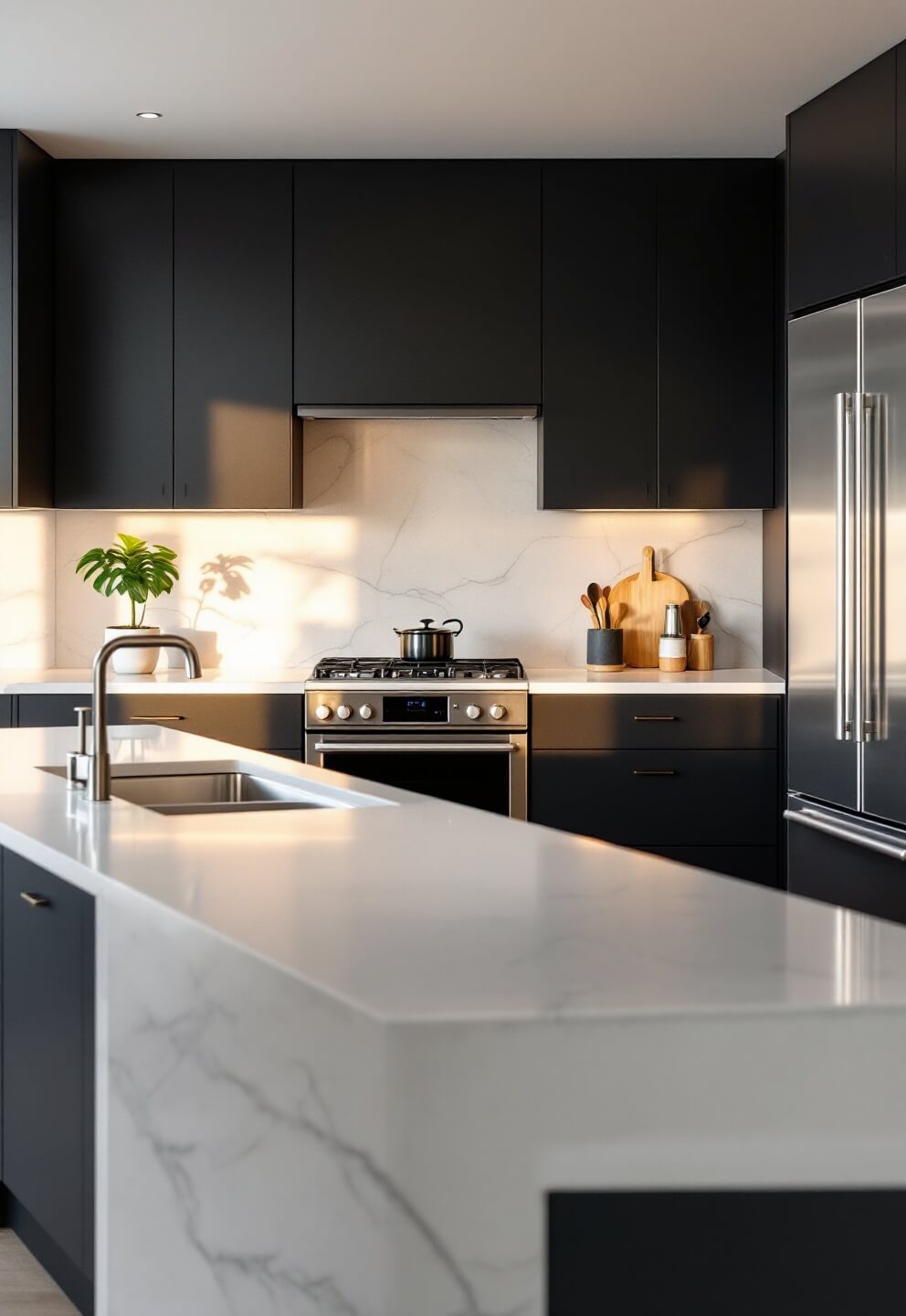 Modern minimalist kitchen with matte charcoal cabinets, light quartz countertops, floating wooden shelves with a potted monstera, stainless steel appliances, and a 12ft island under golden hour lighting