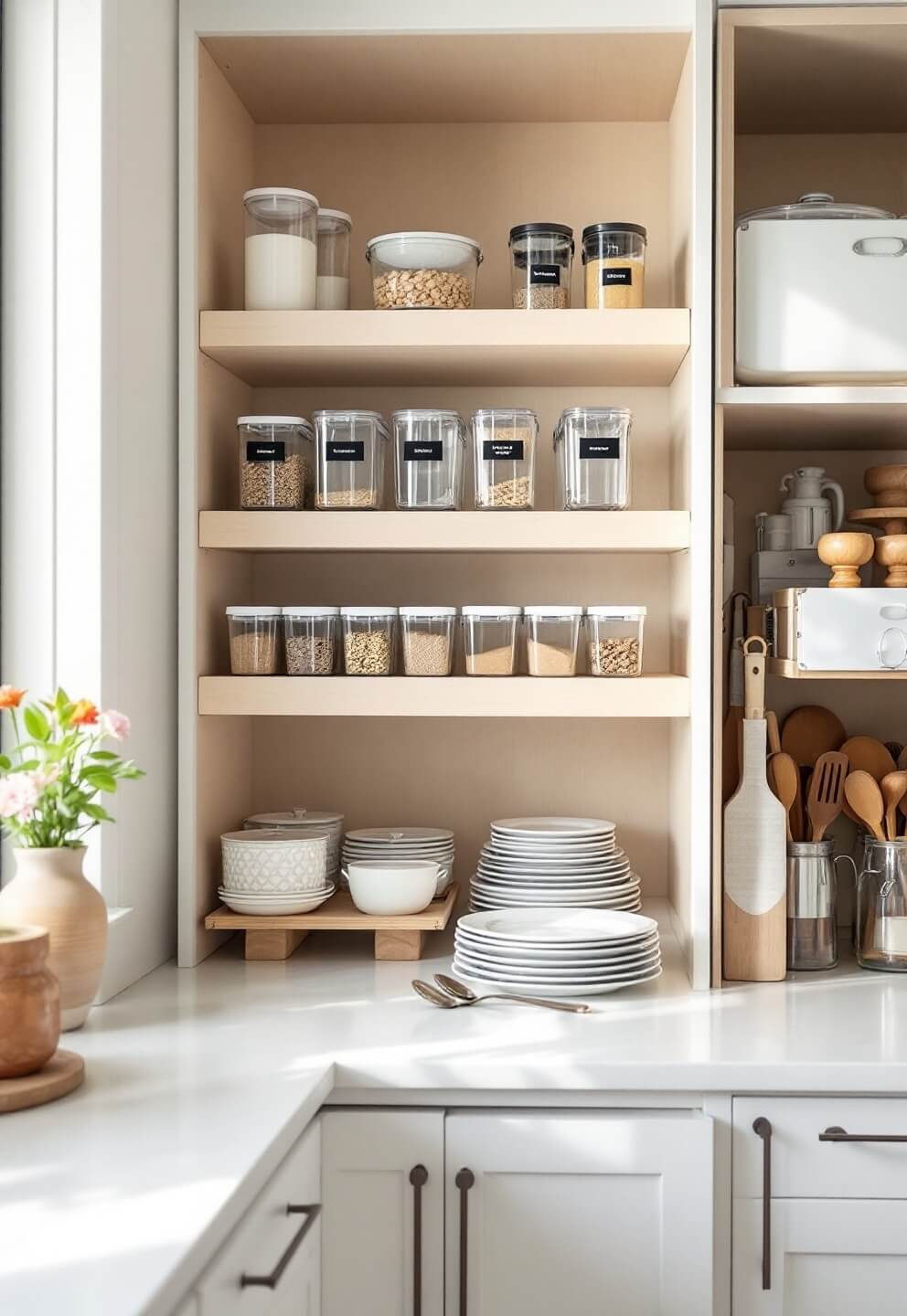 Minimalist kitchen storage featuring clear pantry containers on pull-out shelves, oak drawer organizers, and a hidden corner carousel cabinet in soft morning light.