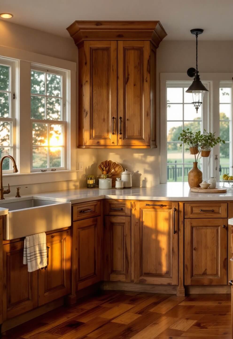 Rustic farmhouse kitchen with distressed hickory cabinets, copper fixtures, wide plank hardwood floors in warm lighting