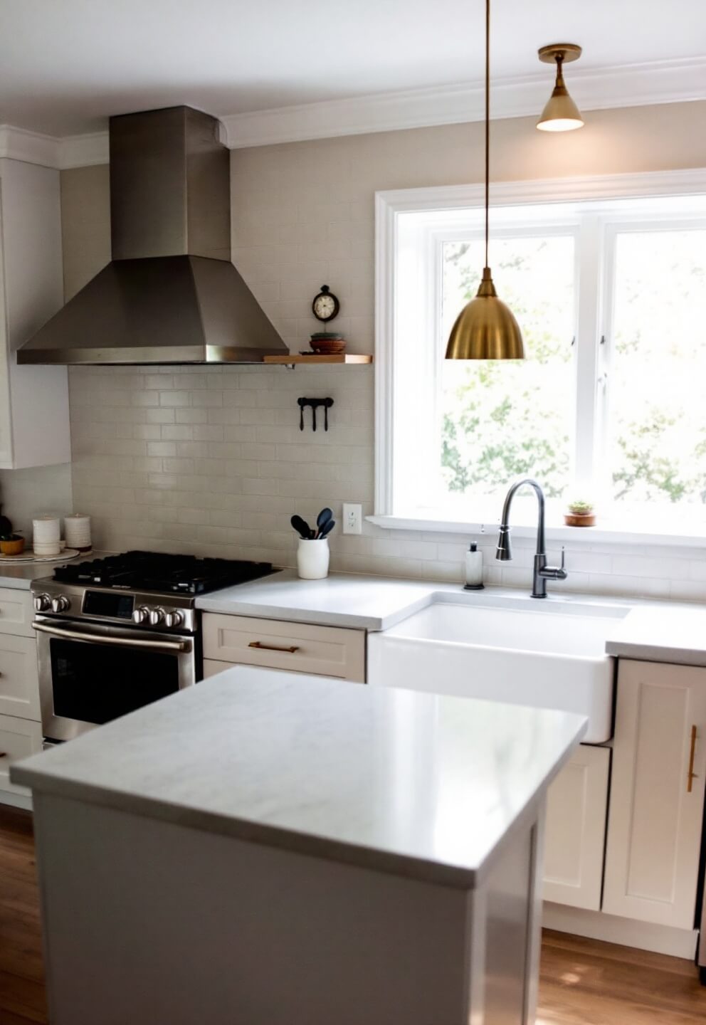 Aerial view of a 200 sq ft minimalist kitchen featuring a professional range, farmhouse sink, and built-in refrigerator, linked by clear sight lines. The space is highlighted by pale gray quartz countertops, warm white flat cabinets, and a single brass pendant light.