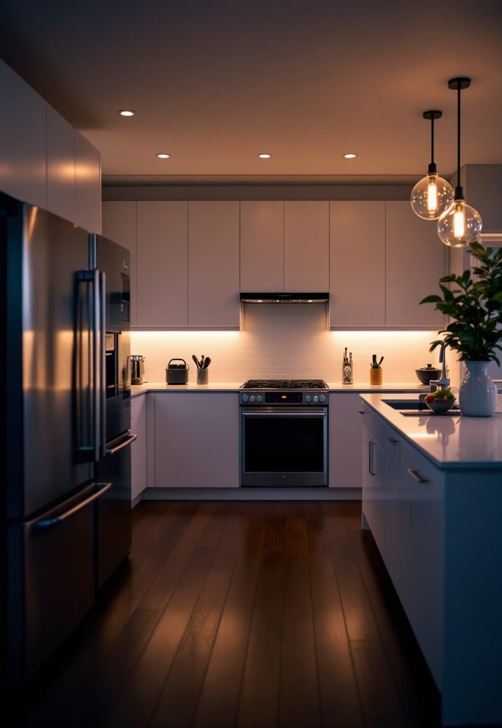 Evening in a minimalist kitchen with layered lighting, stainless steel appliances, and dark wood flooring, shot at twilight using f/4 for an atmospheric mood