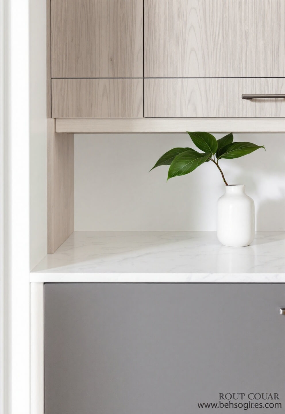 Close-up image of a minimalist design featuring honed quartz countertop, white oak accent panel, matte cabinet front, brushed nickel hardware, and a green leaf in a ceramic vase, illuminated by natural side lighting