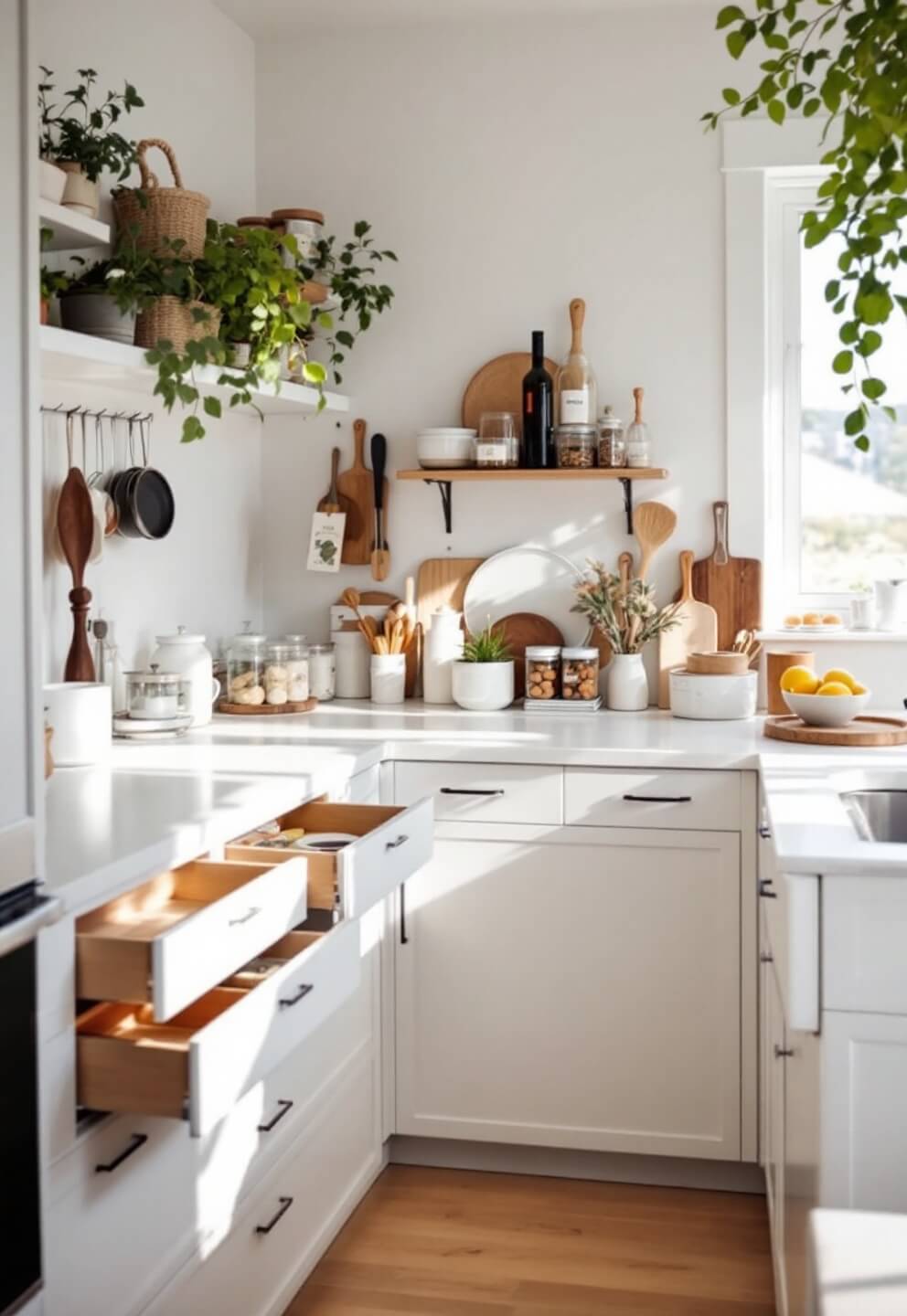 Overhead view of a perfectly organized minimalist kitchen with labeled shelving, categorized containers, and aligned drawer contents in white, clear, and natural materials under diffuse morning light