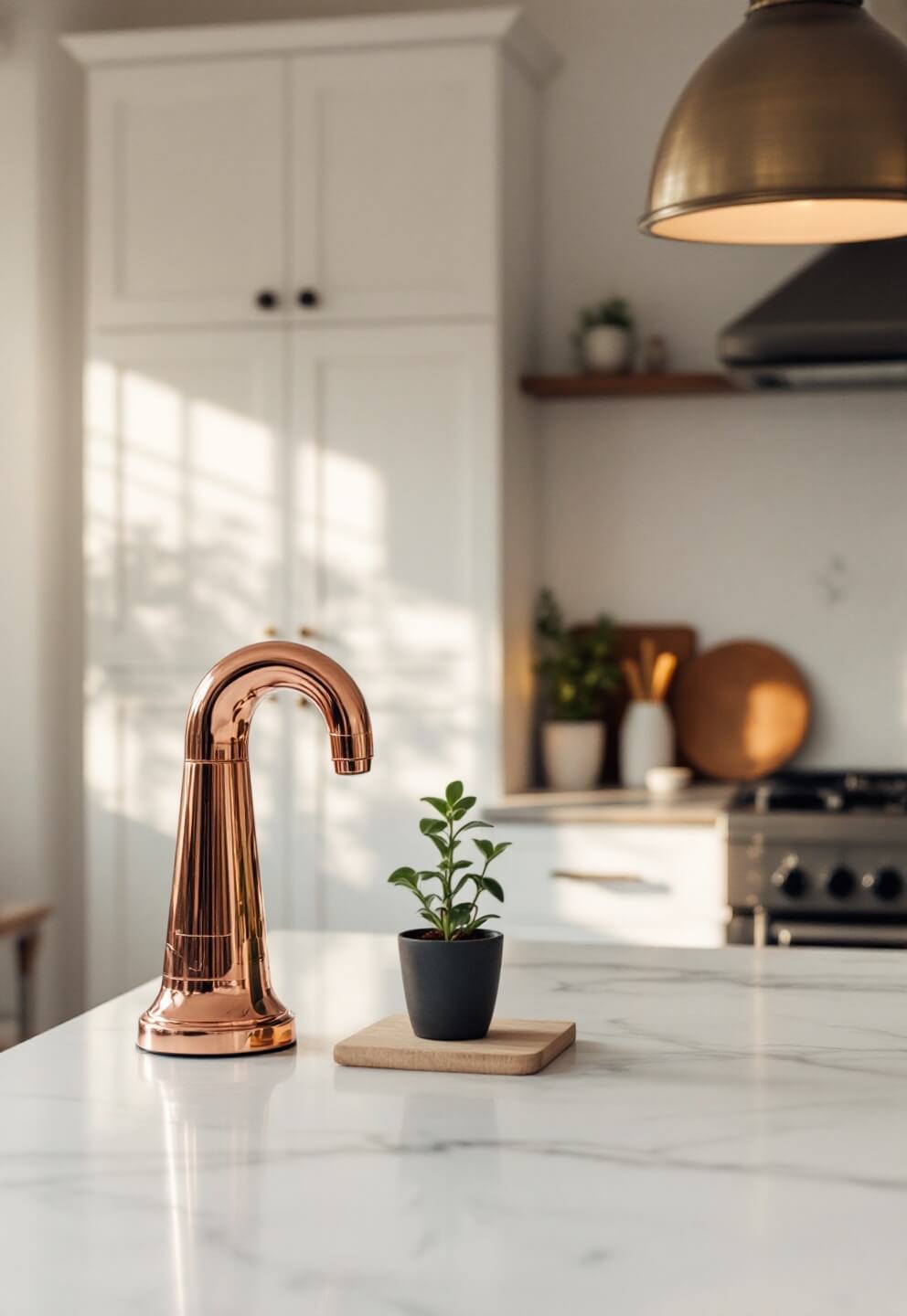 Vintage copper mixer on a clean quartz counter with a single potted herb and a brass pendant light, in a minimalist kitchen with warm white cabinets in late afternoon light