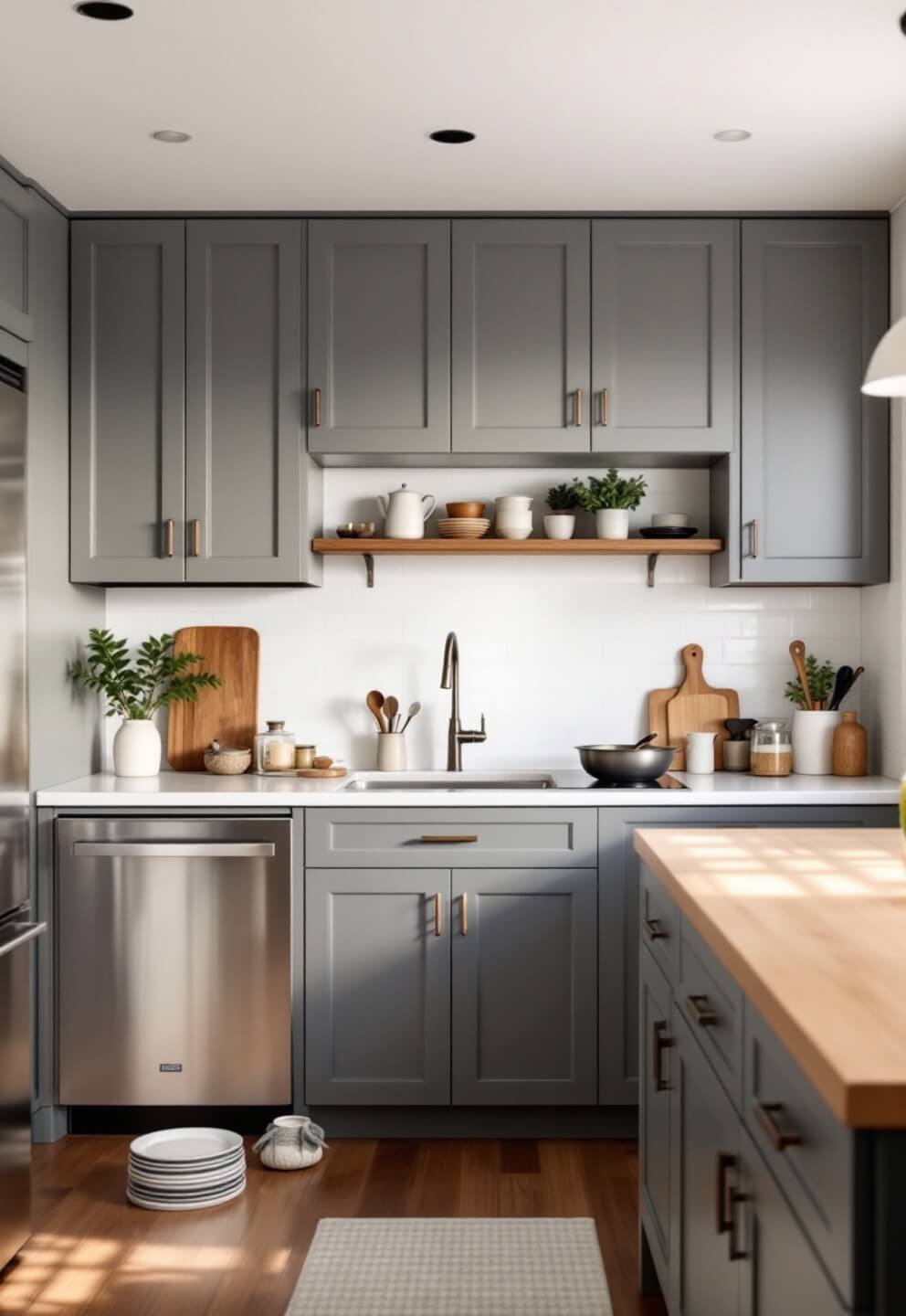 Minimalist kitchen with uncluttered counters, essential tools at hand, efficient handle-less gray cabinets, stainless appliances, and natural wood accents, shot from the cook's perspective in warm natural light