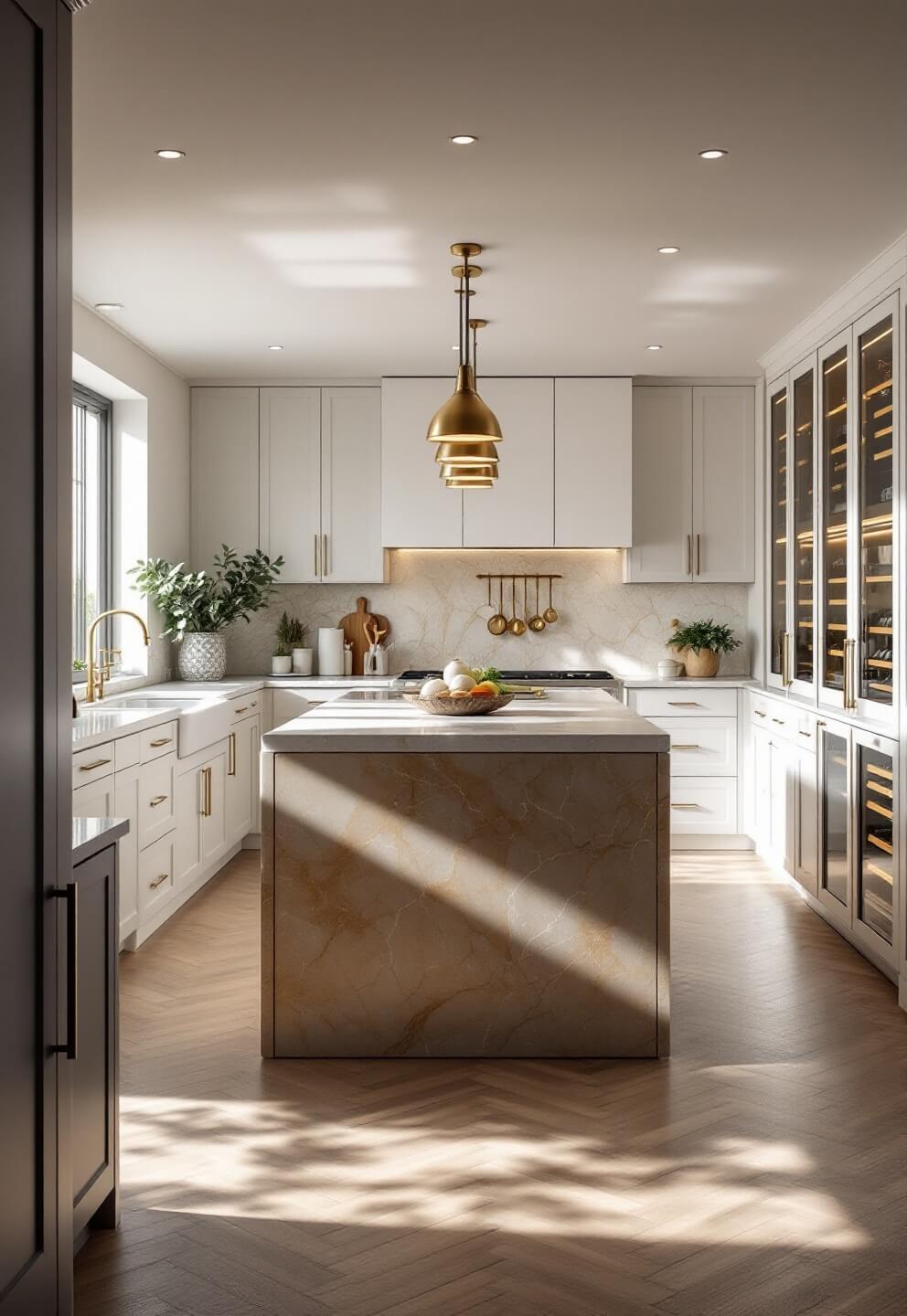 Modern luxury kitchen in morning light with floor-to-ceiling windows, large marble island, custom white cabinets, herringbone oak floors, and a wine storage wall.