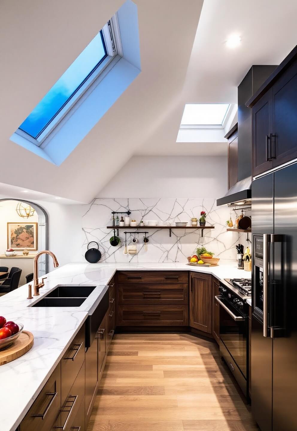 Elegant chef's kitchen lit by dusk light through skylights, featuring double islands, quartzite backsplash, matte black appliances, a butler's pantry, and warmly lit copper pendant lights.