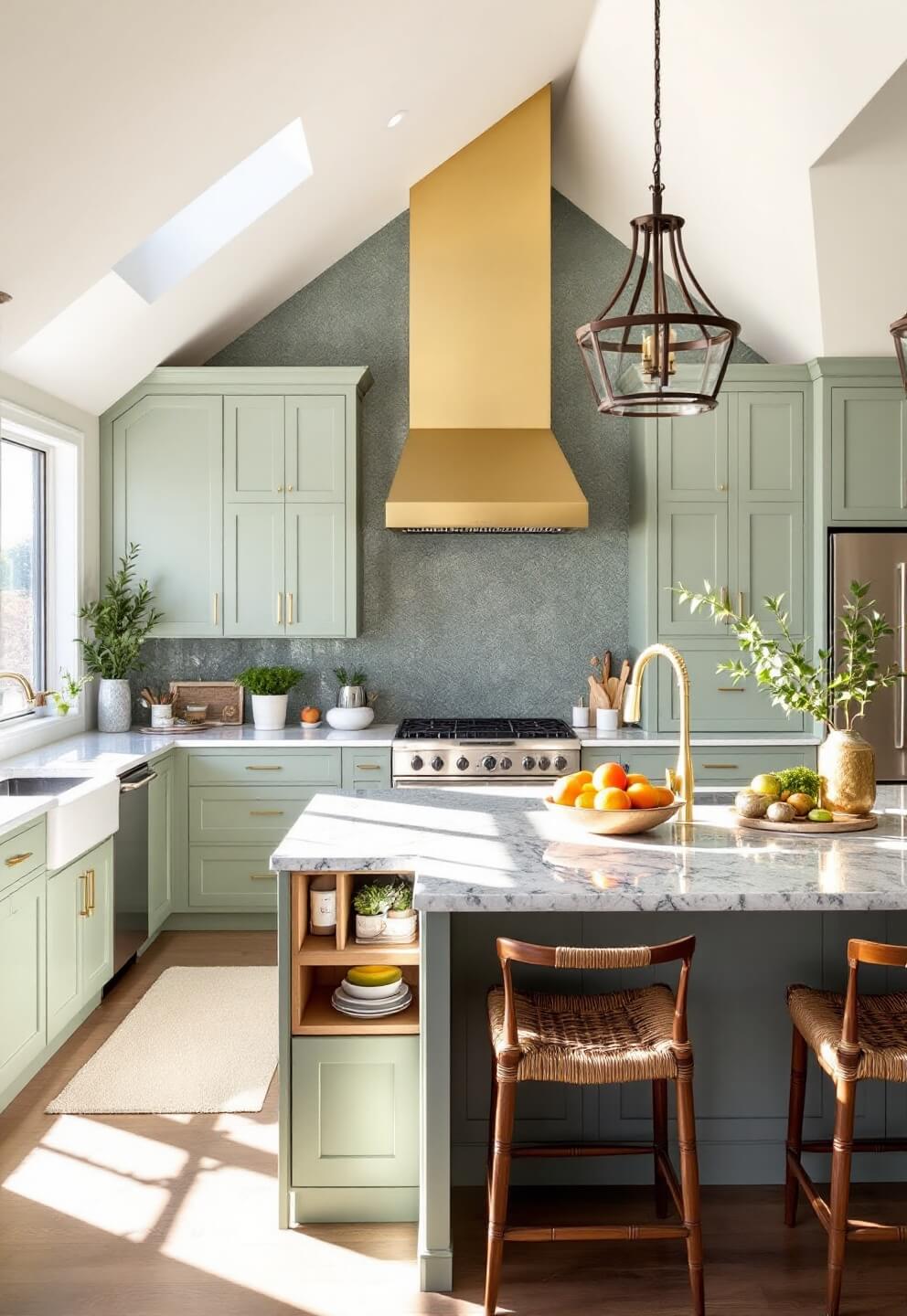 Large, sunlit luxury kitchen with vaulted ceiling, brushed brass hood, floor-to-ceiling sage green cabinets, granite waterfall island with built-in herb garden, hidden appliances, textured glass backsplash, and woven leather barstools in golden hour lighting.